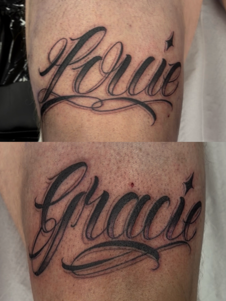 Custom lettering tattoo Black bones custom tattoos Warrington Custom script lettering tattoo by Joe ate black bones custom tattoos Warrington featuring bold black cursive lettering and flourishes