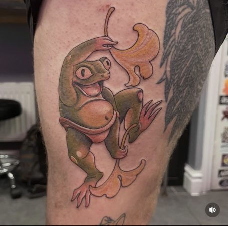 Japanese style colour frog tattoo - Warrington Japanese style colour custom tattoo done at black bones custom tattoos in Warrington