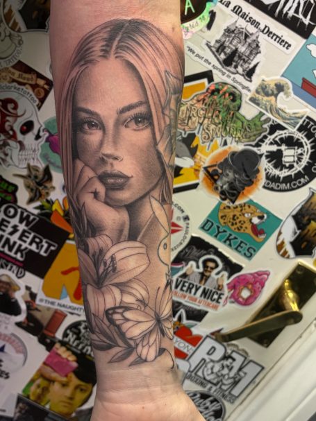 Black and grey portrait tattoo Warrington Detailed black and grey womans portrait tattoo by black bones custom tattoos in Warrington